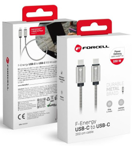 Sidabrinės spalvos USB-C - USB-C QC4.0 PD 5A 100W E-Mark Metal 200cm laidas "Forcell F-ENERGY C239"