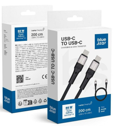Juodas USB-C - USB-C 3A 60W PD QC4.0 200cm laidas "Blue Star TFK-DC-004"