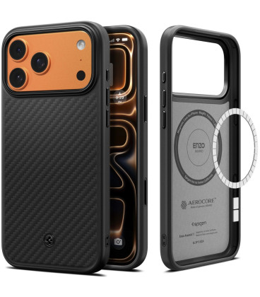 Juodas dėklas Apple iPhone 17 Pro / 18 Pro telefonui "Spigen Enzo Aramid T Mag Magsafe"