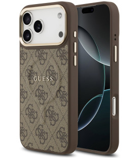 Rudas dėklas Apple iPhone 17 Pro Max telefonui "Guess PU Leather 4G Gold Frame MagSafe Case"