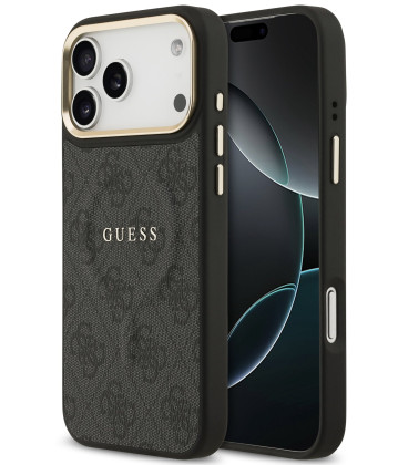 Juodas dėklas Apple iPhone 17 Pro Max telefonui "Guess PU Leather 4G Gold Frame MagSafe Case"