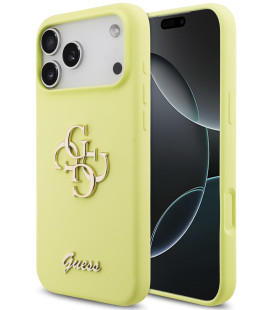 Geltonas dėklas Apple iPhone 17 Pro Max telefonui "Guess Liquid Silicone 4G Metal Logo Case"