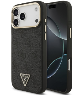 Juodas dėklas Apple iPhone 17 Pro Max telefonui "Guess PU Leather 4G Strass Triangle Logo Gold Frame MagSafe Case"
