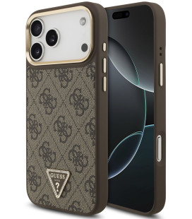Rudas dėklas Apple iPhone 17 Pro Max telefonui "Guess PU Leather 4G Strass Triangle Logo Gold Frame MagSafe Case"