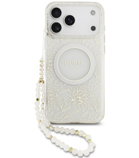Baltas dėklas Apple iPhone 17 Pro Max telefonui "Guess IML Flowers Allover Strap MagSafe Case"