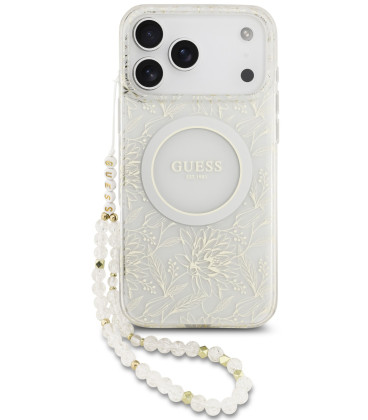 Baltas dėklas Apple iPhone 17 Pro Max telefonui "Guess IML Flowers Allover Strap MagSafe Case"