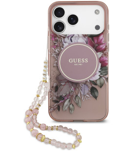 Rožinis dėklas Apple iPhone 17 Pro Max telefonui "Guess IML Flowers Strap MagSafe Case"