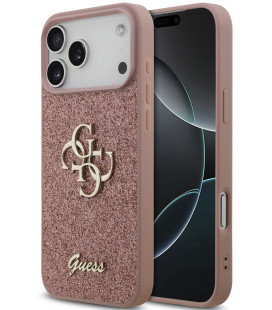 Rožinis dėklas Apple iPhone 17 Pro Max telefonui "Guess PU Fixed Glitter 4G Metal Logo Case"