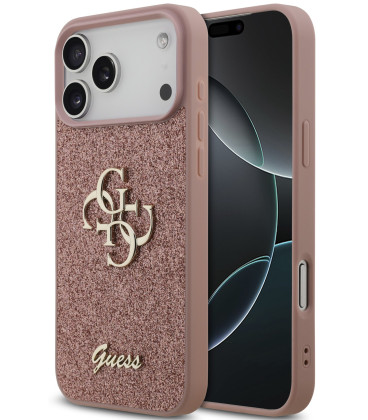 Rožinis dėklas Apple iPhone 17 Pro Max telefonui "Guess PU Fixed Glitter 4G Metal Logo Case"
