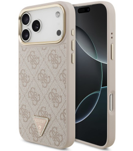Rožinis dėklas Apple iPhone 17 Pro Max telefonui "Guess PU Leather 4G Strass Triangle Logo Gold Frame MagSafe Case"