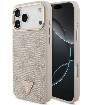 Rožinis dėklas Apple iPhone 17 Pro Max telefonui "Guess PU Leather 4G Strass Triangle Logo Gold Frame MagSafe Case"