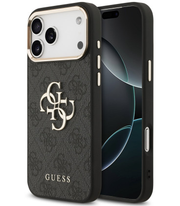 Juodas dėklas Apple iPhone 17 Pro Max telefonui "Guess PU Leather 4G Metal Logo Gold Frame Case"