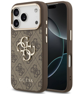Rudas dėklas Apple iPhone 17 Pro Max telefonui "Guess PU Leather 4G Metal Logo Gold Frame Case"
