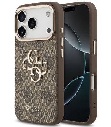 Rudas dėklas Apple iPhone 17 Pro Max telefonui "Guess PU Leather 4G Metal Logo Gold Frame Case"