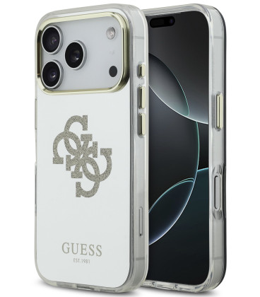 Auksinės spalvos dėklas Apple iPhone 17 Pro telefonui "Guess PC/TPU Mirror 4G Glitter Logo MagSafe Case"
