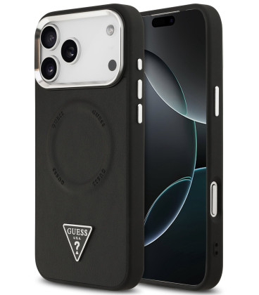 Juodas dėklas Apple iPhone 17 Pro telefonui "Guess PU Leather Triangle Logo MagSafe Case"
