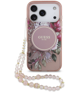 Rožinis dėklas Apple iPhone 17 Pro telefonui "Guess IML Flowers Strap MagSafe Case"