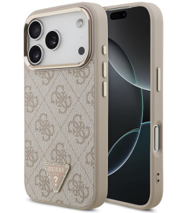 Rožinis dėklas Apple iPhone 17 Pro telefonui "Guess PU Leather 4G Strass Triangle Logo Gold Frame MagSafe Case"