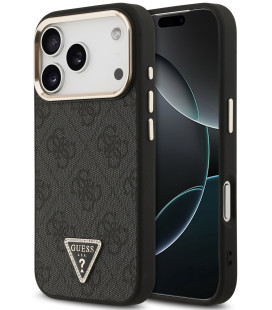 Juodas dėklas Apple iPhone 17 Pro telefonui "Guess PU Leather 4G Strass Triangle Logo Gold Frame MagSafe Case"