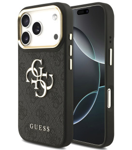 Juodas dėklas Apple iPhone 17 Pro telefonui "Guess PU Leather 4G Metal Logo Gold Frame Case"