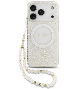 Baltas dėklas Apple iPhone 17 Pro telefonui "Guess IML Flowers Allover Strap MagSafe Case"