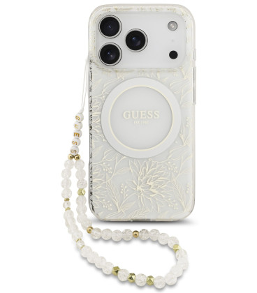Baltas dėklas Apple iPhone 17 Pro telefonui "Guess IML Flowers Allover Strap MagSafe Case"