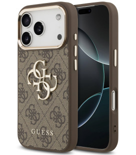 Rudas dėklas Apple iPhone 17 Pro telefonui "Guess PU Leather 4G Metal Logo Gold Frame Case"