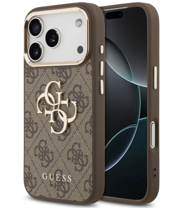 Rudas dėklas Apple iPhone 17 Pro telefonui "Guess PU Leather 4G Metal Logo Gold Frame Case"
