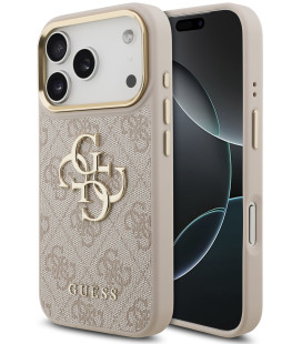 Rožinis dėklas Apple iPhone 17 Pro telefonui "Guess PU Leather 4G Metal Logo Gold Frame Case"