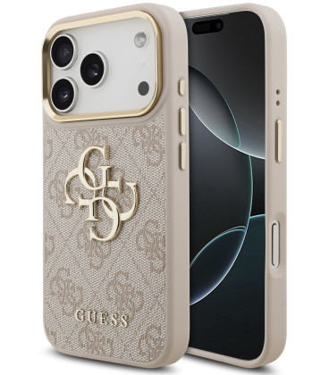 Rožinis dėklas Apple iPhone 17 Pro telefonui "Guess PU Leather 4G Metal Logo Gold Frame Case"