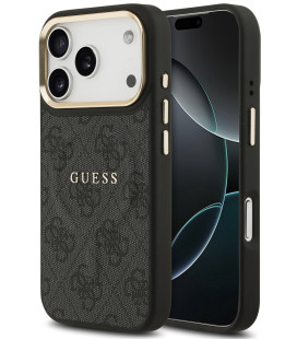 Juodas dėklas Apple iPhone 17 Pro telefonui "Guess PU Leather 4G Gold Frame MagSafe Case"