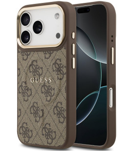 Rudas dėklas Apple iPhone 17 Pro telefonui "Guess PU Leather 4G Gold Frame MagSafe Case"