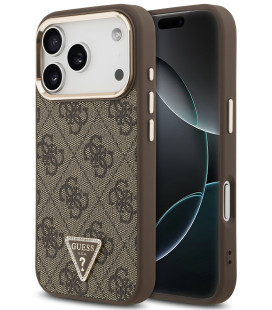 Rudas dėklas Apple iPhone 17 Pro telefonui "Guess PU Leather 4G Strass Triangle Logo Gold Frame MagSafe Case"