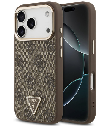 Rudas dėklas Apple iPhone 17 Pro telefonui "Guess PU Leather 4G Strass Triangle Logo Gold Frame MagSafe Case"