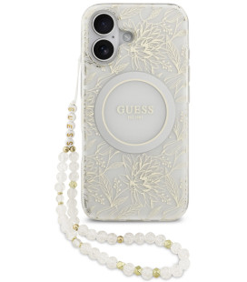 Baltas dėklas Apple iPhone 17 telefonui "Guess IML Flowers Allover Strap MagSafe Case"