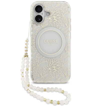 Baltas dėklas Apple iPhone 17 telefonui "Guess IML Flowers Allover Strap MagSafe Case"