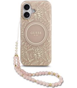 Rožinis dėklas Apple iPhone 17 telefonui "Guess IML Flowers Allover Strap MagSafe Case"