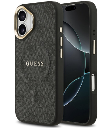 Juodas dėklas Apple iPhone 17 telefonui "Guess PU Leather 4G Gold Frame MagSafe Case"