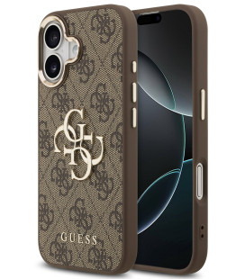 Rudas dėklas Apple iPhone 17 telefonui "Guess PU Leather 4G Metal Logo Gold Frame Case"