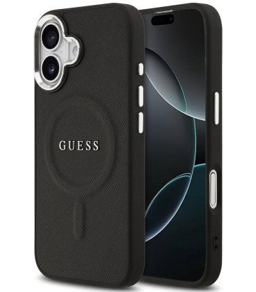 Juodas dėklas Apple iPhone 17 telefonui "Guess PU Saffiano MagSafe Case"