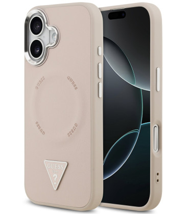 Rožinis dėklas Apple iPhone 17 telefonui "Guess PU Leather Triangle Logo MagSafe Case"