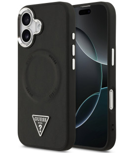 Juodas dėklas Apple iPhone 17 telefonui "Guess PU Leather Triangle Logo MagSafe Case"