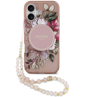Rozinis dėklas Apple iPhone 17 telefonui "Guess IML Flowers Strap MagSafe Case"