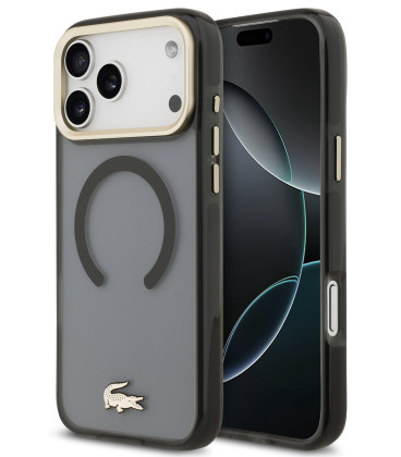 Juodas dėklas Apple iPhone 17 Pro Max telefonui "Lacoste PC/TPU Frosted Finish Gold Logo MagSafe Case"