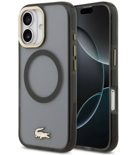 Juodas dėklas Apple iPhone 17 telefonui "Lacoste PC/TPU Frosted Finish Gold Logo MagSafe Case"