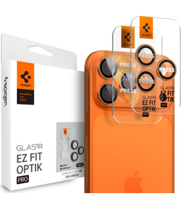 Oranžinė kameros apsauga Apple iPhone 16 Pro / Max / 17 Pro / Max kamerai "Spigen Optik Pro EZ Fit Camera Protector 2-Pack"