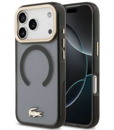 Juodas dėklas Apple iPhone 17 Pro telefonui "Lacoste PC/TPU Frosted Finish Gold Logo MagSafe Case"