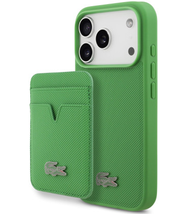 Žalias dėklas Apple iPhone 17 Pro telefonui "Lacoste Iconic Petit Pique MagSafe Case + Wallet"