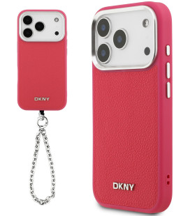 Rožinis dėklas Apple iPhone 17 Pro telefonui "DKNY PU Leather Metal Logo Wrist Chain MagSafe Case"