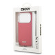 Rožinis dėklas Apple iPhone 17 Pro telefonui "DKNY PU Leather Metal Logo Wrist Chain MagSafe Case"